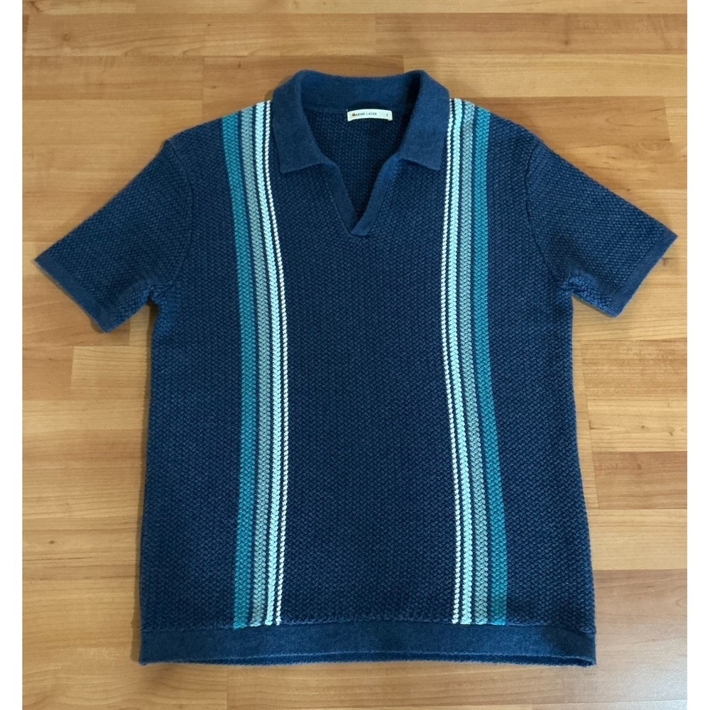Marine Layer Conrad Sweater Polo S Blue Stripe Johnny Collar Knit Shirt Cotton
